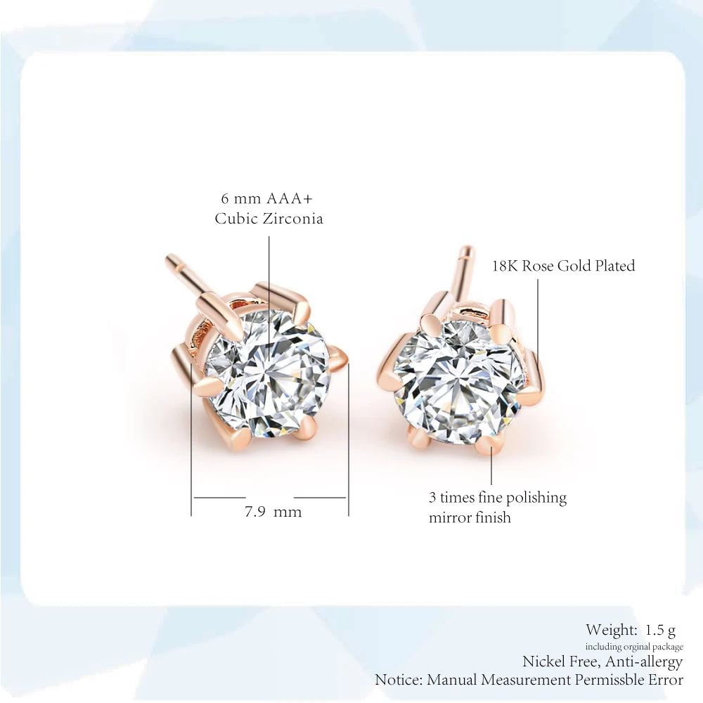 ZHOUYANG Stud Earring For Women Classic Six Claws 5mm 0.5ct Round Cut Cubic Zirconia Rose Gold Color Fashion Jewelry ZYE036